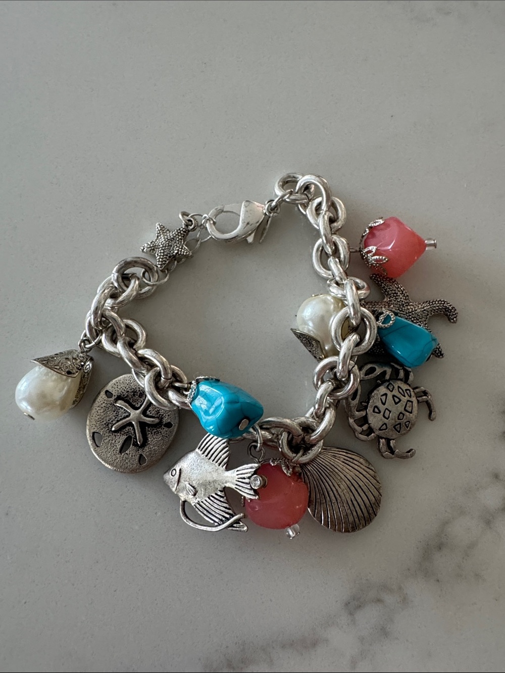 Avon Silver-Tone Ocean Charm Bracelet with Turquoise Blue & Coral Pink Beads